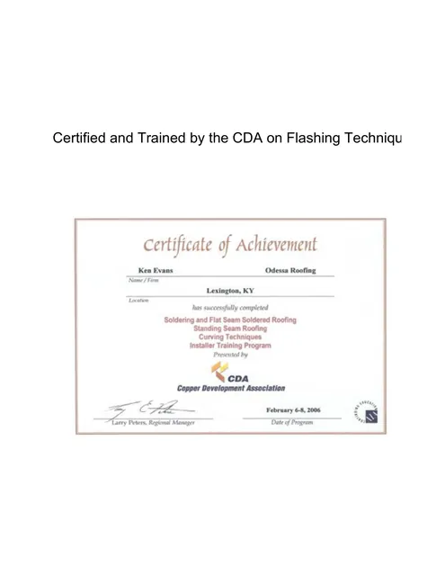 Certified and Trained by the CDA on Flashing Techniques